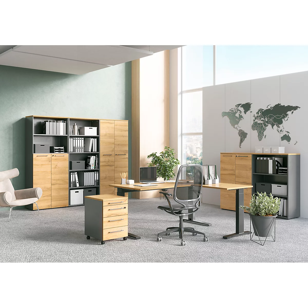 Archiefkast Agenda Home, 5 OH, B 800 x D 400 x H 1970 mm 2 open vakken, afsluitbaar, grafiet/eik.