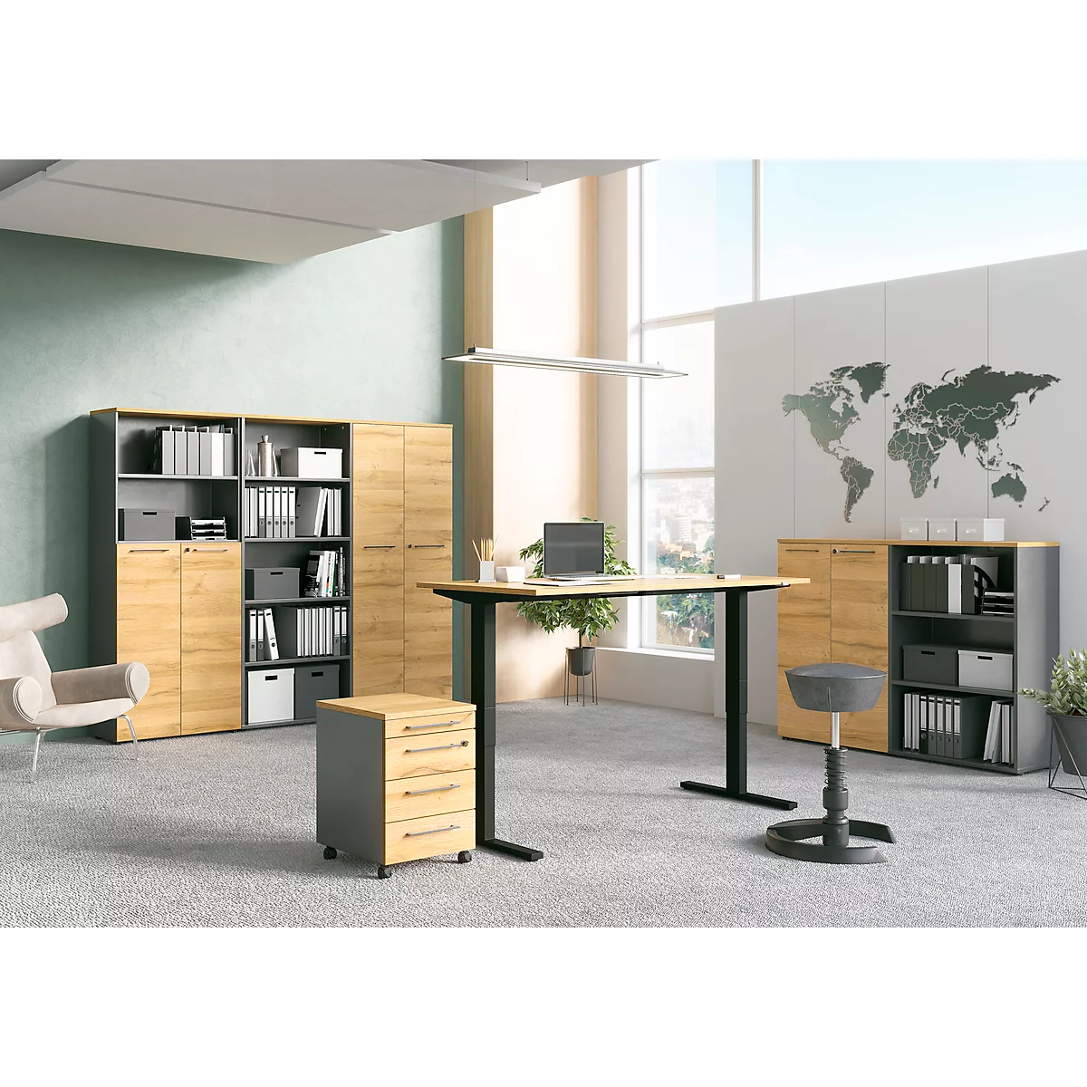 Archiefkast Agenda Home, 5 OH, B 800 x D 400 x H 1970 mm 2 open vakken, afsluitbaar, grafiet/eik.