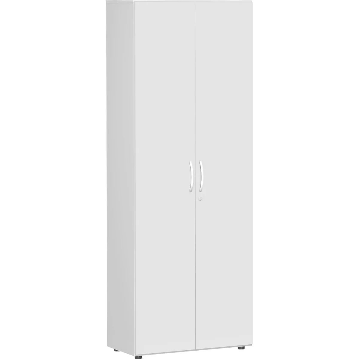 Witte kast met twee deuren en zilveren handgrepen. De kast staat op een lichtgrijze vloer tegen een neutrale achtergrond.