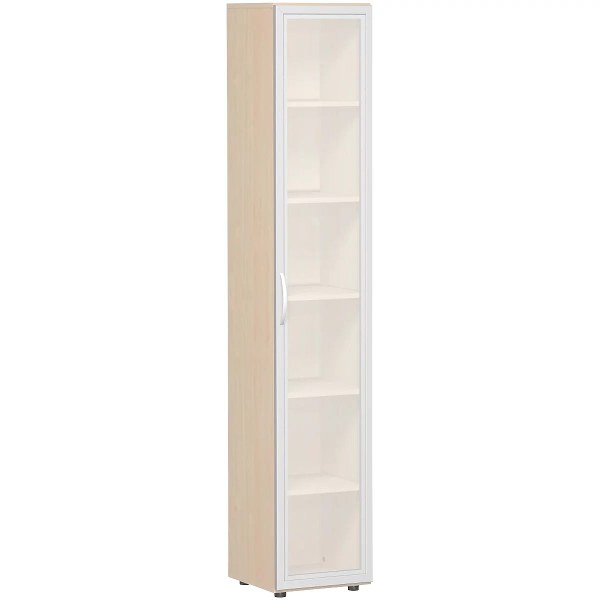 Archiefkast ALICANTE, 6 ordnerhoogten, 5 legborden, glasdeur rechts, B 400 x D 400 x H 2160 mm, esdoornpatroon