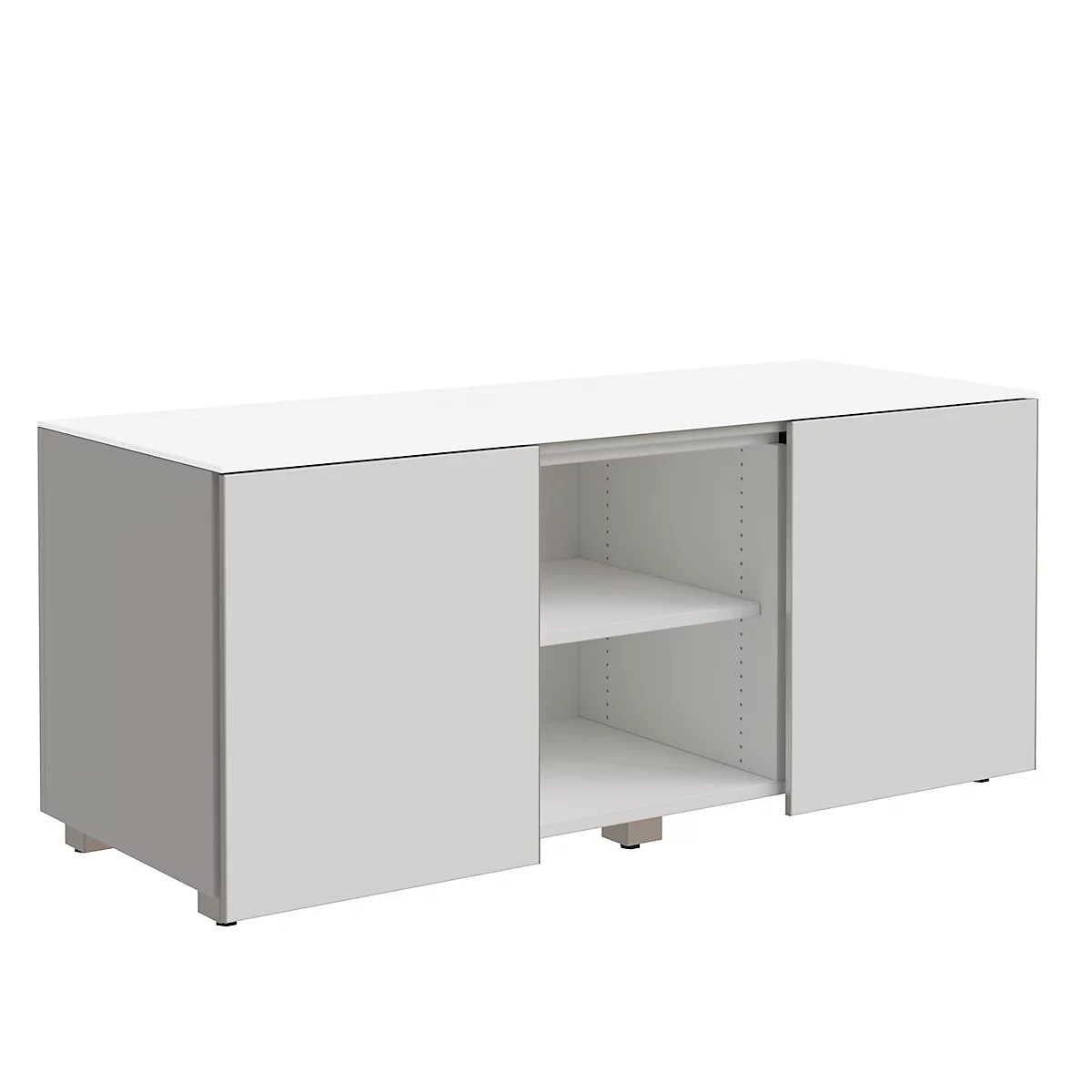 Archivador múltiple SOLUS PLAY, 2 puertas correderas, 2 compartimentos abiertos, sin tiradores, An 1350 x P 523 x Al 583 mm, blanco