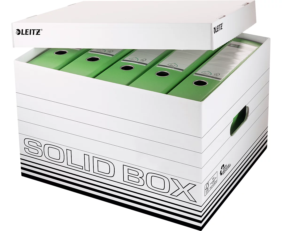 Archivbox Leitz Solid Box L 6119, mit Deckel & Aufbau-Automatik, 10 Stück, weiss