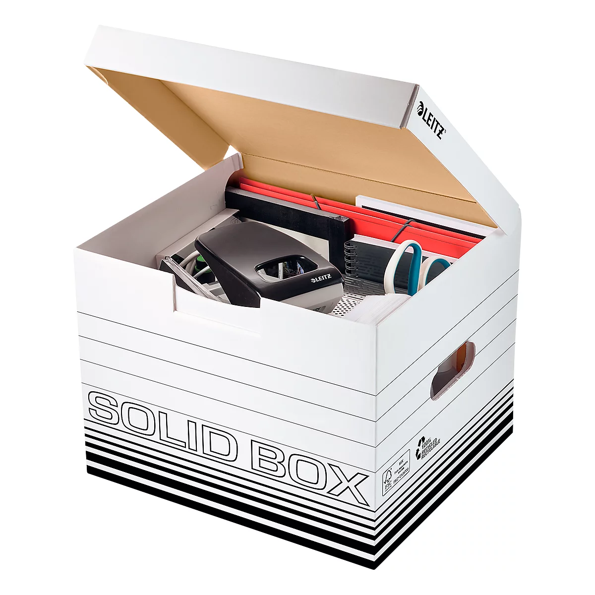Archivbox Leitz Solid Box M 6118, mit Klappdeckel & Aufbau-Automatik, 10 Stück, weiß