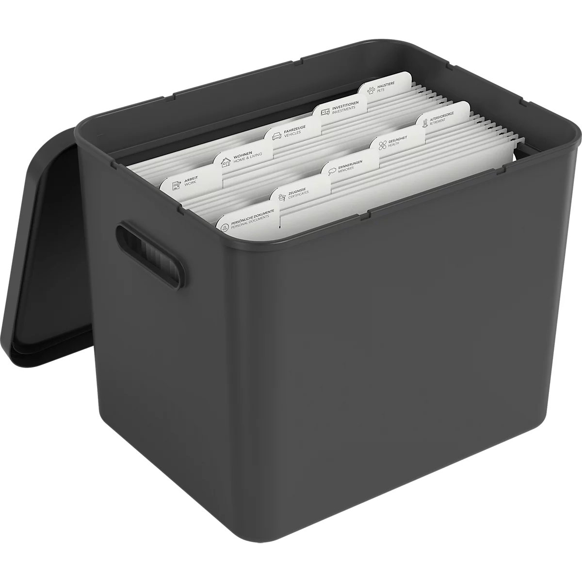Archivbox Rotho My Paper, stapelbar, bis 23 kg, 10 Hängemappen, abnehmbarer Deckel, Grifflöcher, L 370 x B 290 x H 295 mm, Recycling-Kunststoff, schwarz