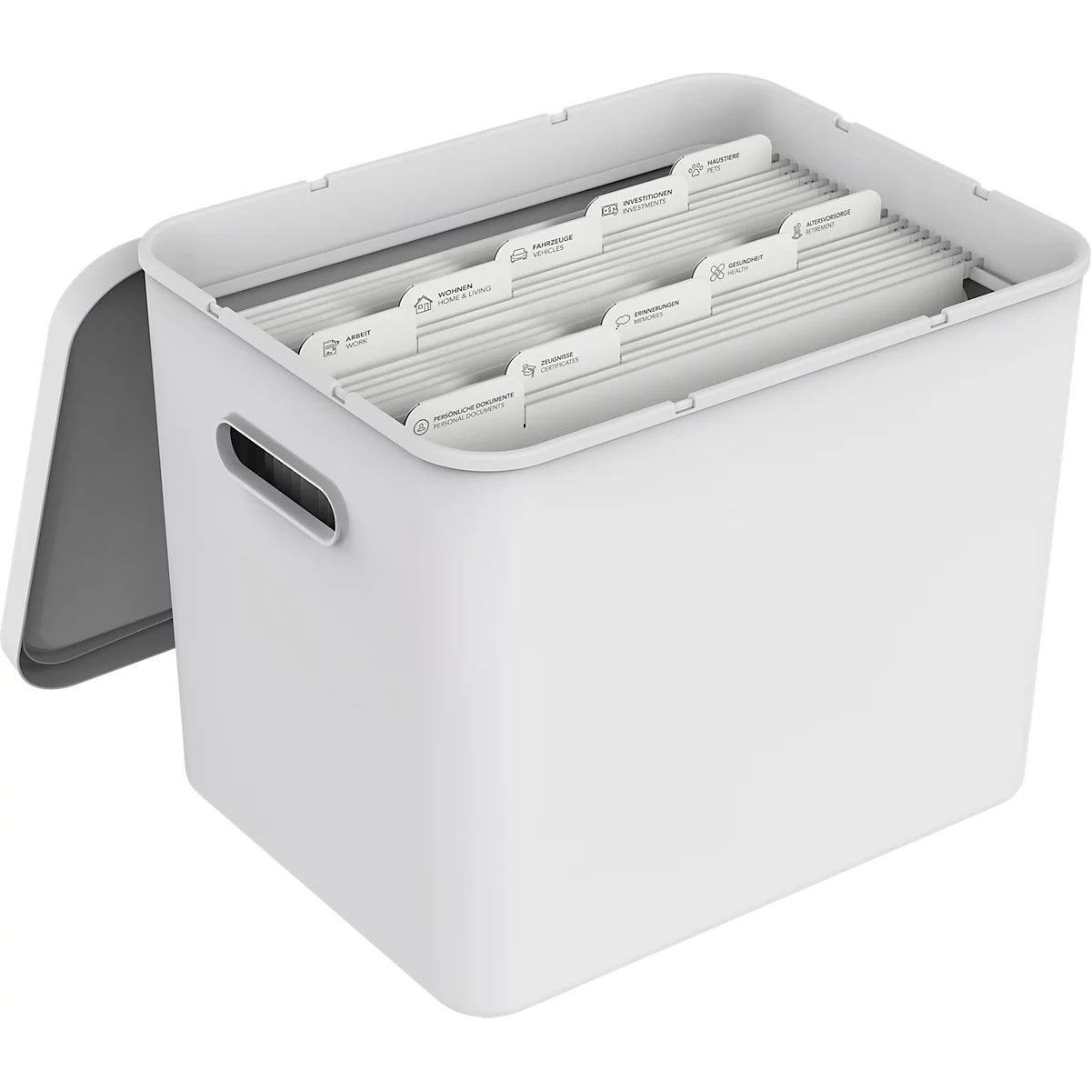 Archivbox Rotho My Paper, stapelbar, bis 23 kg, 10 Hängemappen, abnehmbarer Deckel, Grifflöcher, L 370 x B 290 x H 295 mm, Recycling-Kunststoff, weiss