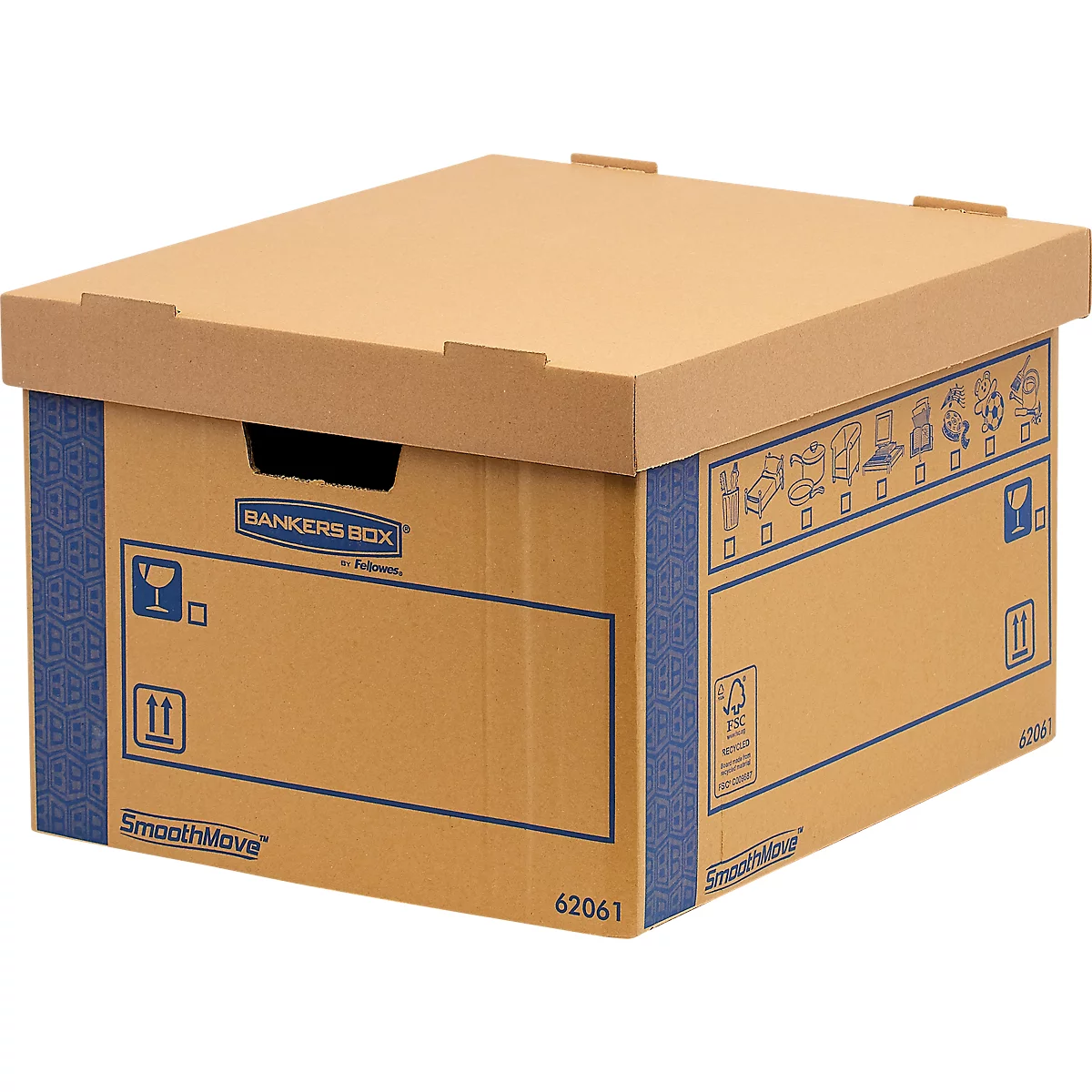 Archivbox SmoothMove™ Prime FastFold®, Volumen 47,5 l, vorgedruckte Beschriftungsfelder, abnehmbarer Deckel, Tragegriffe, stapelbar, FSC®-Karton, 100 % recycelbar, 5 Stück