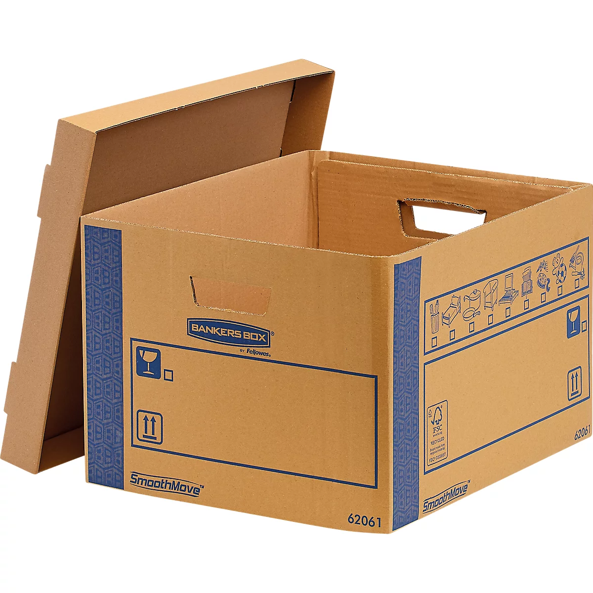 Archivbox SmoothMove™ Prime FastFold®, Volumen 47,5 l, vorgedruckte Beschriftungsfelder, abnehmbarer Deckel, Tragegriffe, stapelbar, FSC®-Karton, 100 % recycelbar, 5 Stück