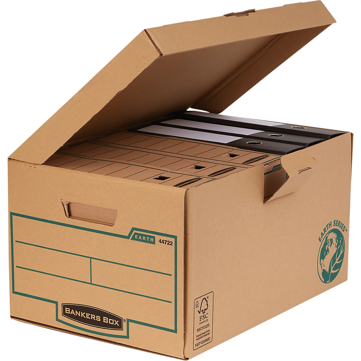 Opened cardboard box with file folders. The lid is half open, the logo is visible.
