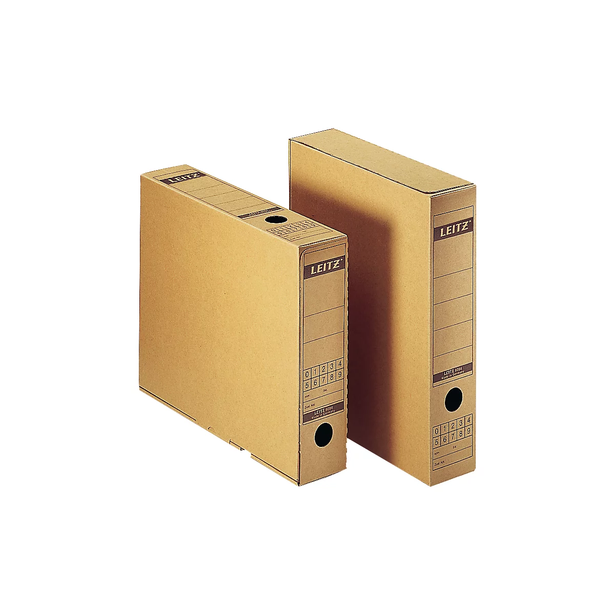 Two brown LEITZ file folders in front of a light background. Markings and a perforation can be seen on the front.