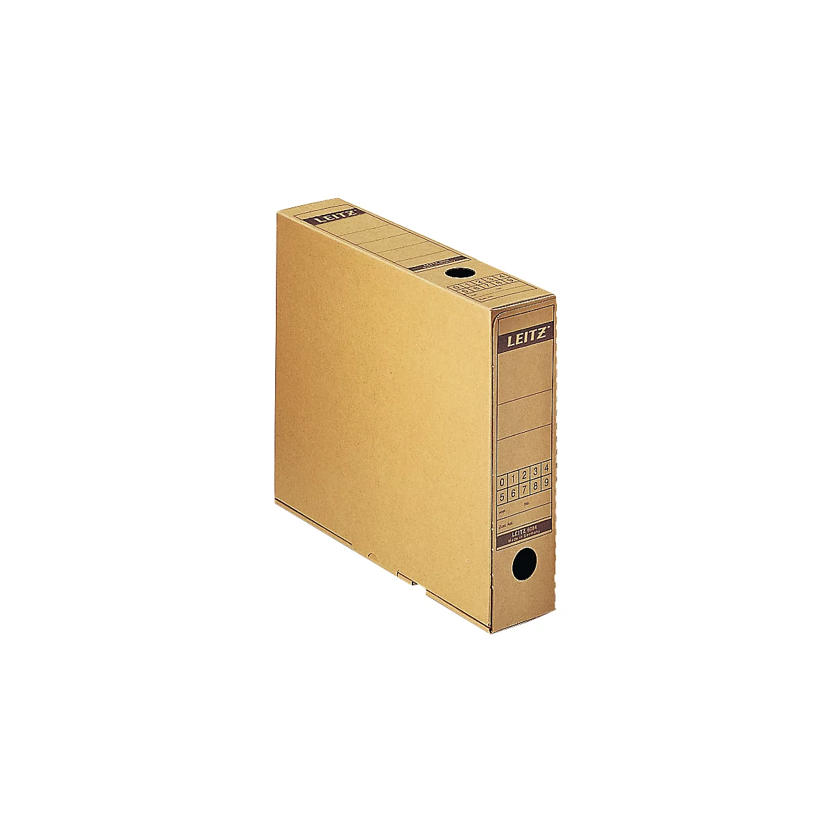A brown cardboard Leitz binder, with viewing holes and labels with numbers, letters and the Leitz brand.