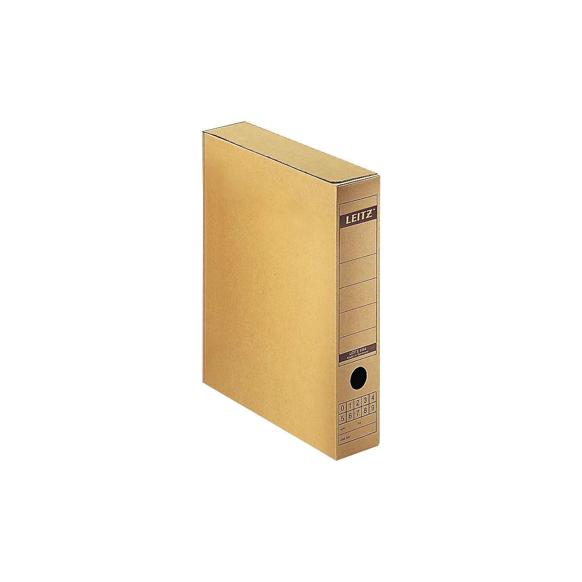 A brown Leitz file box stands upright. Black numbers and the Leitz logo are visible on the front.