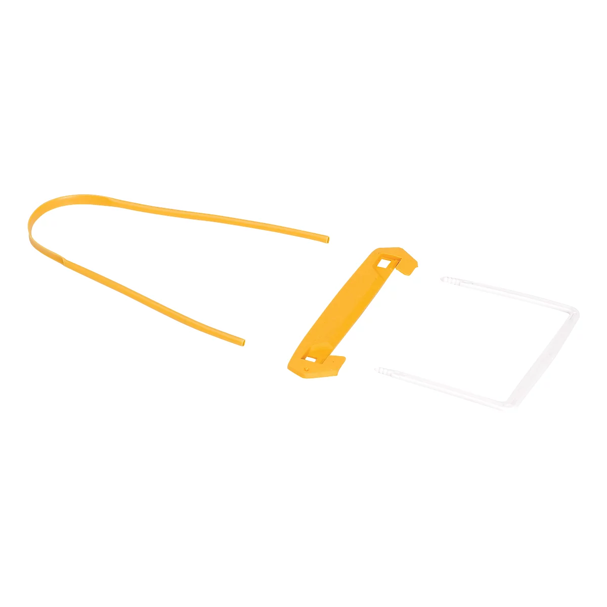 Three yellow object parts: a U-shaped bracket, an elongated element, and a rectangular frame.