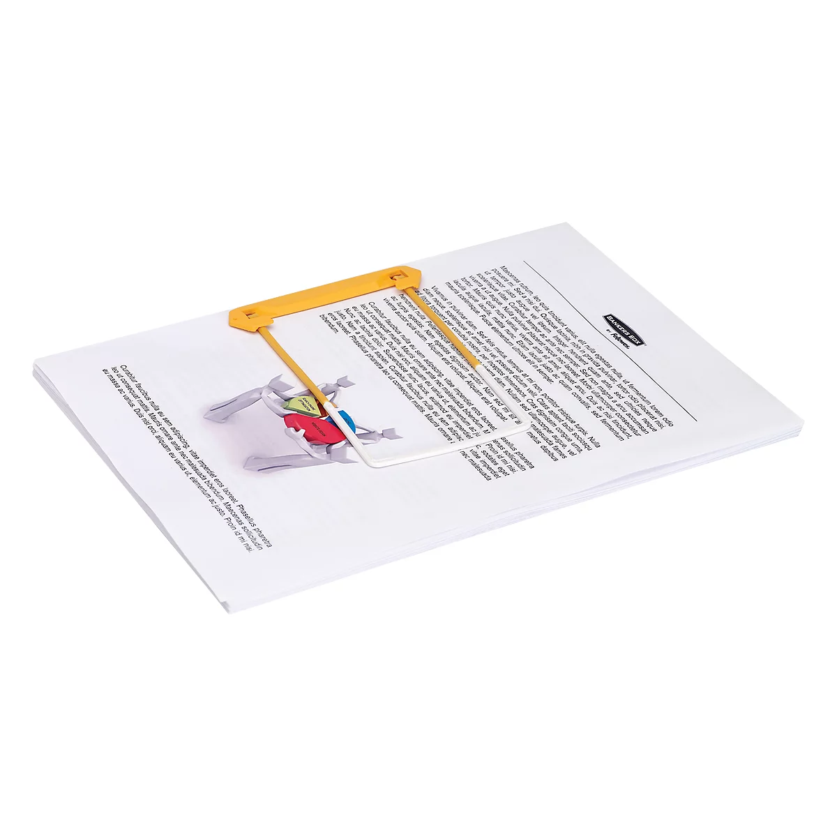 A yellow reading aid lies on a sheet of paper with text, a pop-up picture is visible.