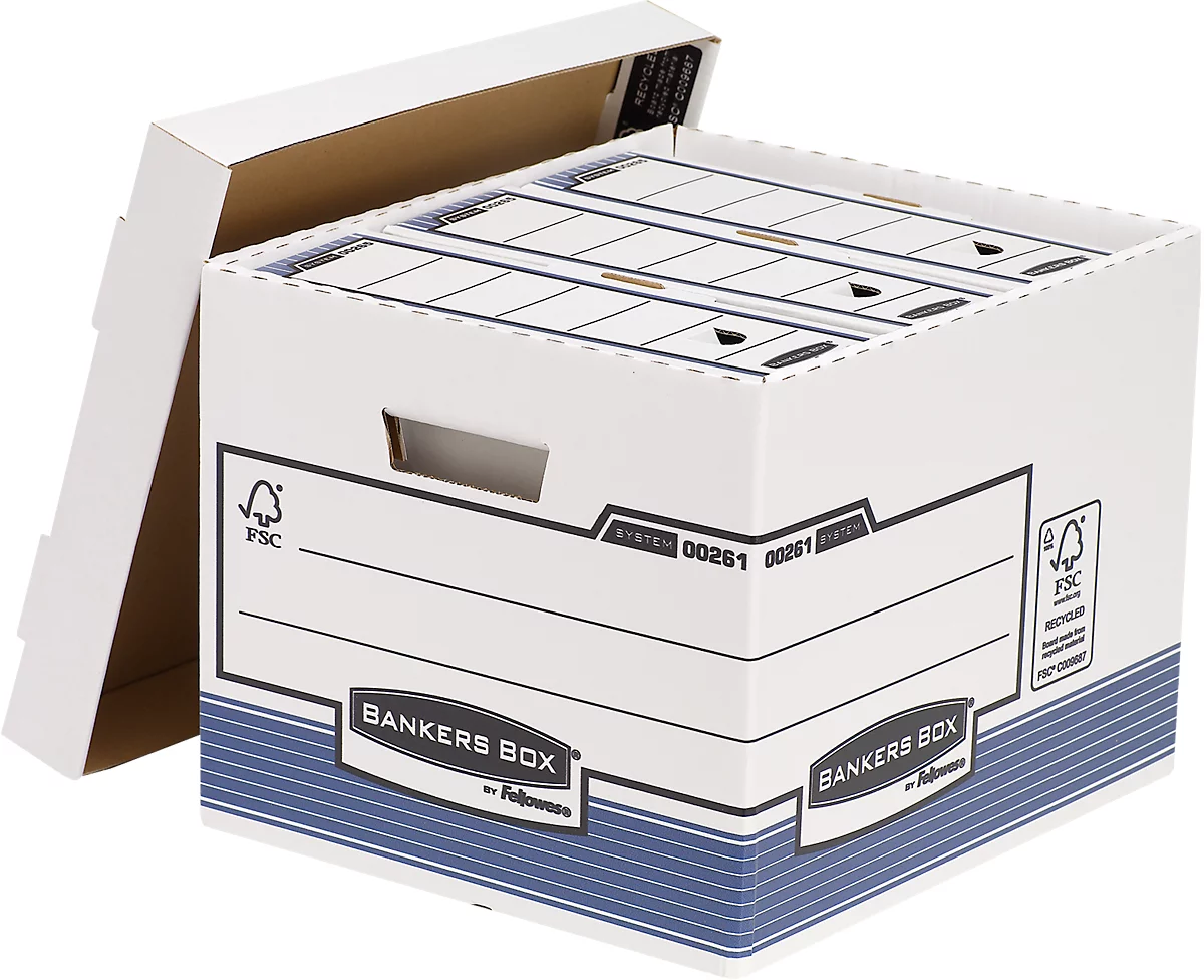 Archivschachteln BANKERS BOX® Serie System Standard, bis A4, stapelbar, mit Deckel, B 335 x T 404 x H 292 mm, FSC®-Recyclingpappe, blau-weiß, 10 Stück
