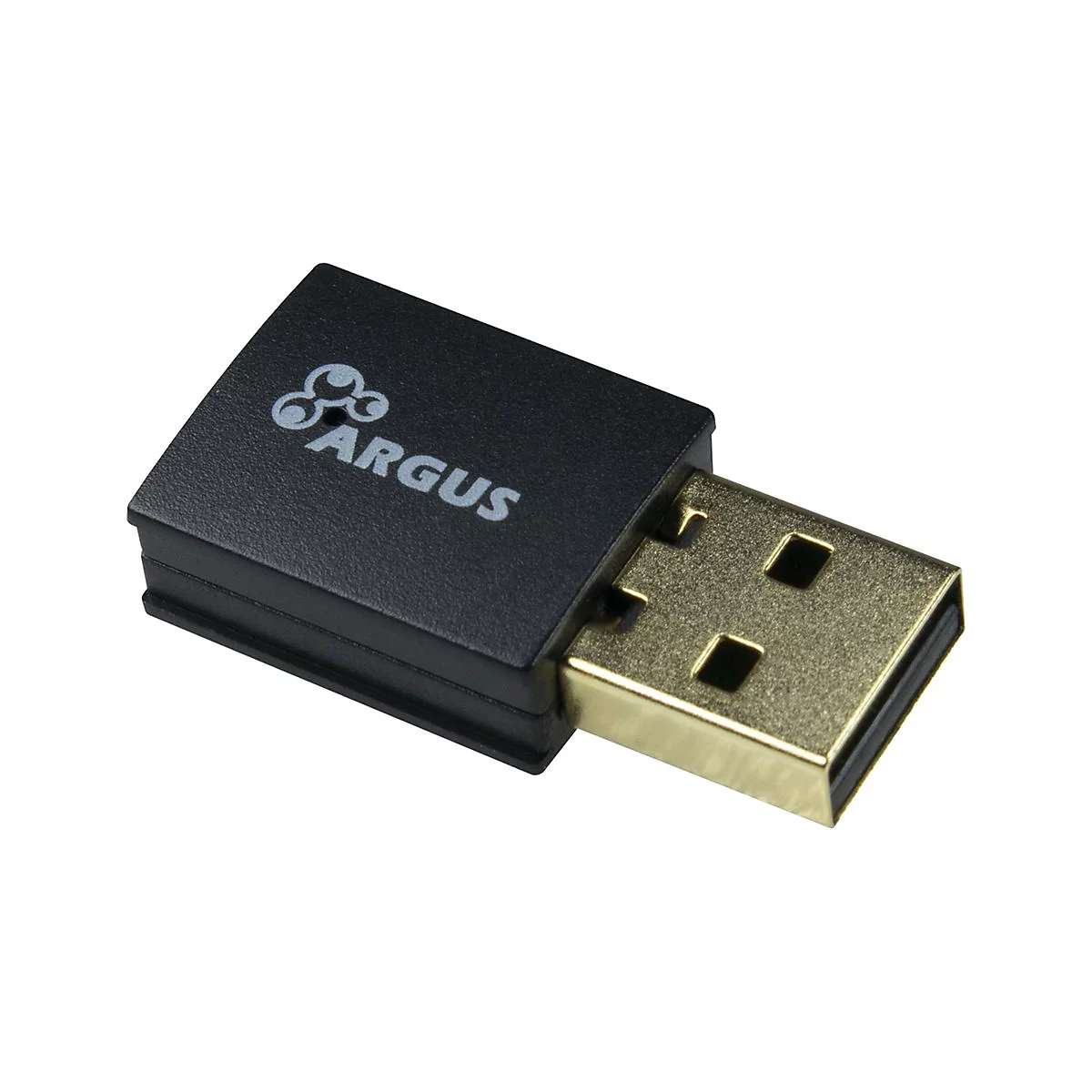 Schwarzer USB-WLAN-Adapter, goldener USB-Stecker. Auf dem Adapter steht 'ARGUS'.