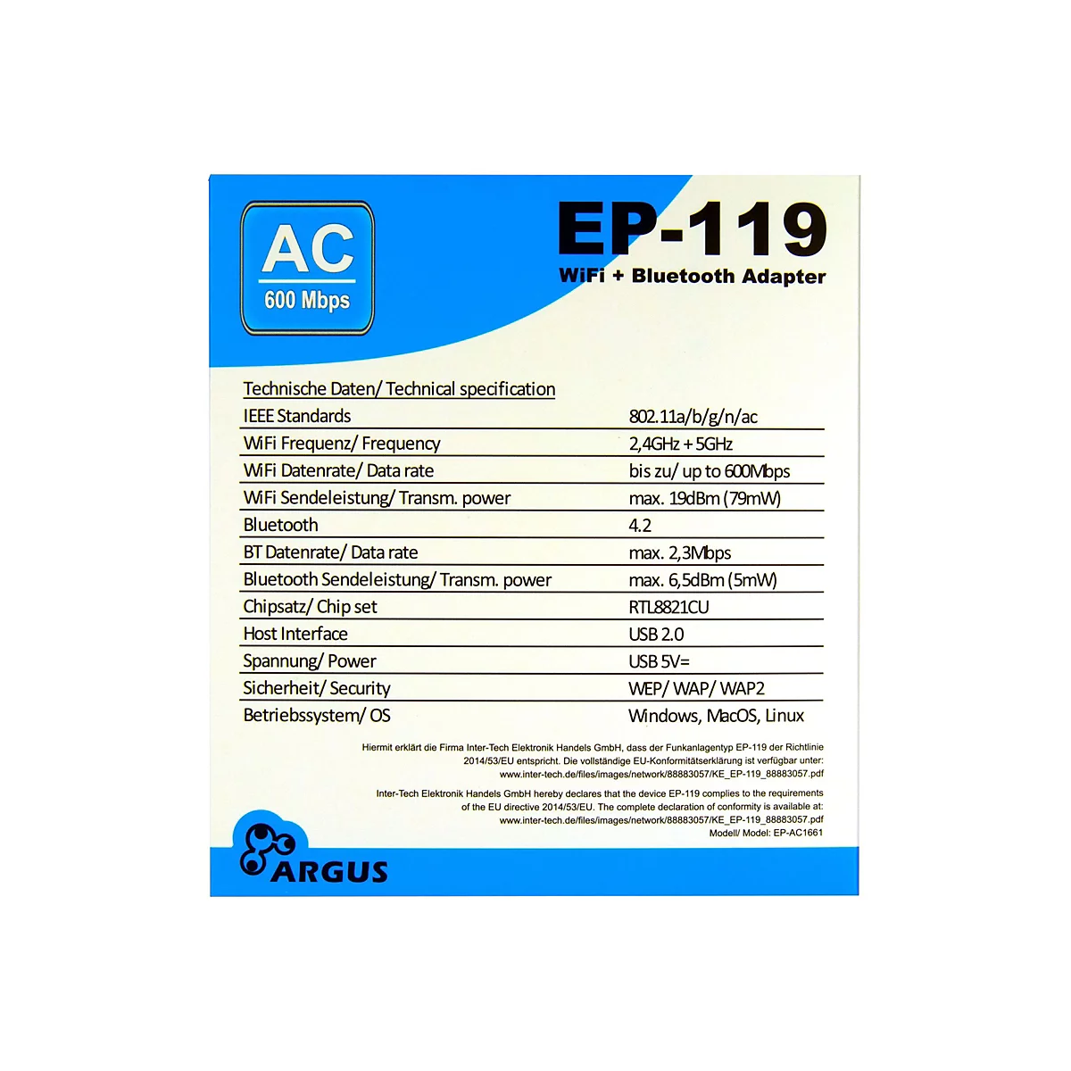 Argus EP-119 - Netzwerkadapter - USB 2.0 - Wi-Fi 5, Bluetooth 4.2