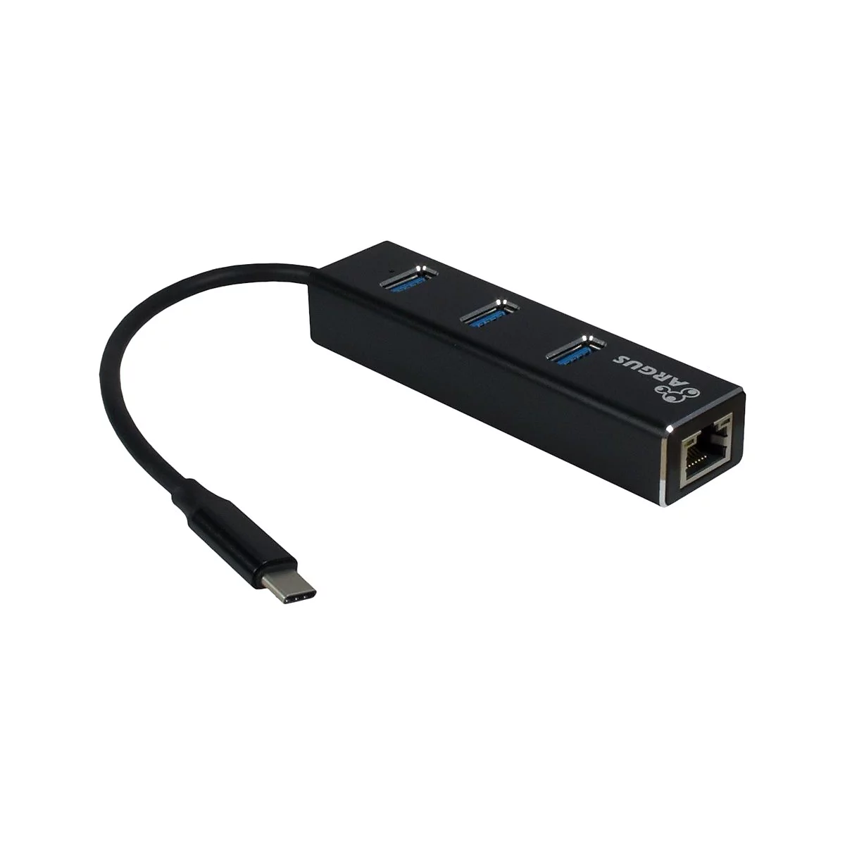 Schwarzer USB-C-Hub von Argus mit drei USB-Anschlüssen und einem Netzwerkanschluss auf weißem Hintergrund.