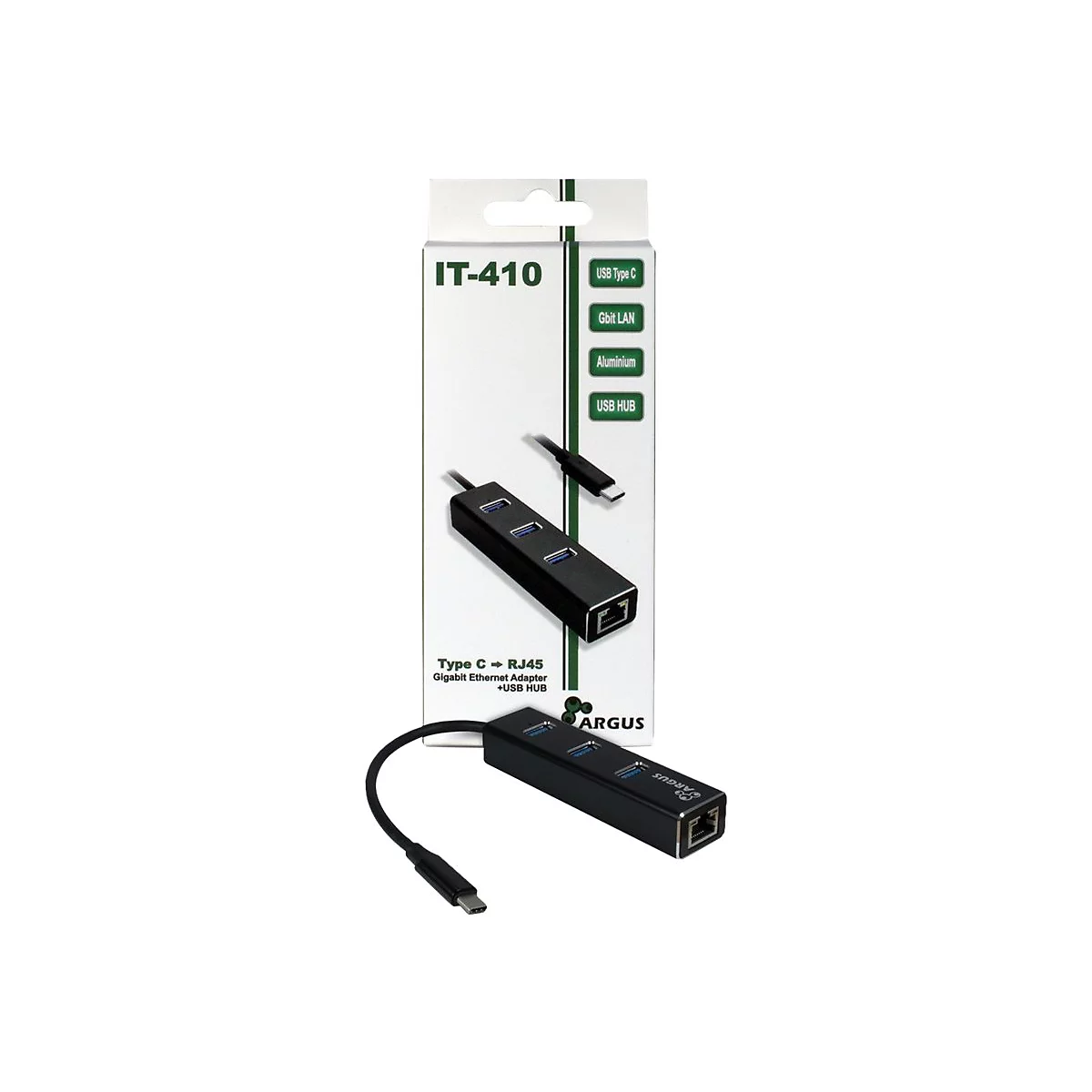 Schwarzer USB-C auf Gigabit LAN Adapter mit Hub in Originalverpackung vor weißem Hintergrund.