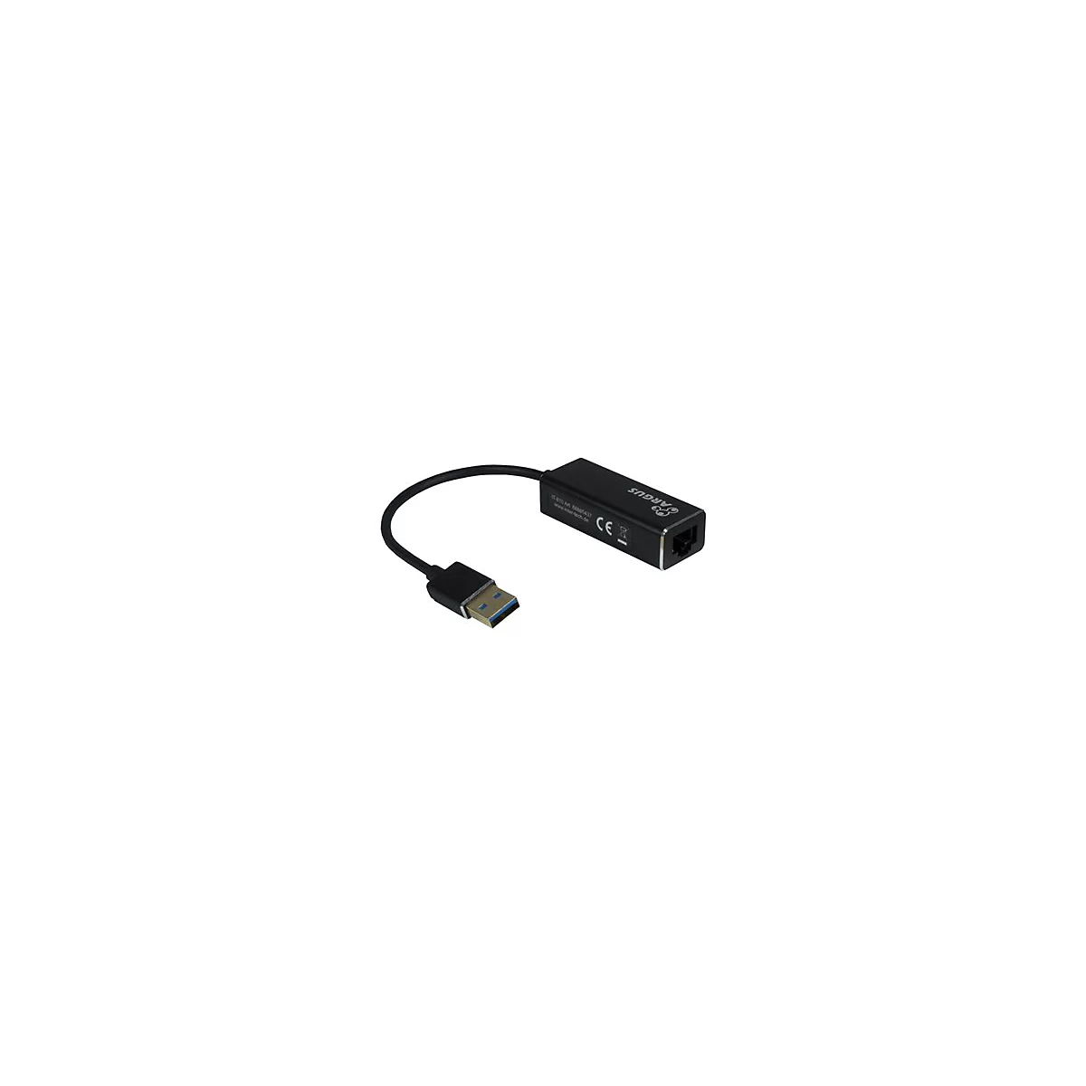 Schwarzer USB-zu-Ethernet-Adapter mit RJ45-Anschluss. Aufschrift ARGUS und CE-Zeichen.