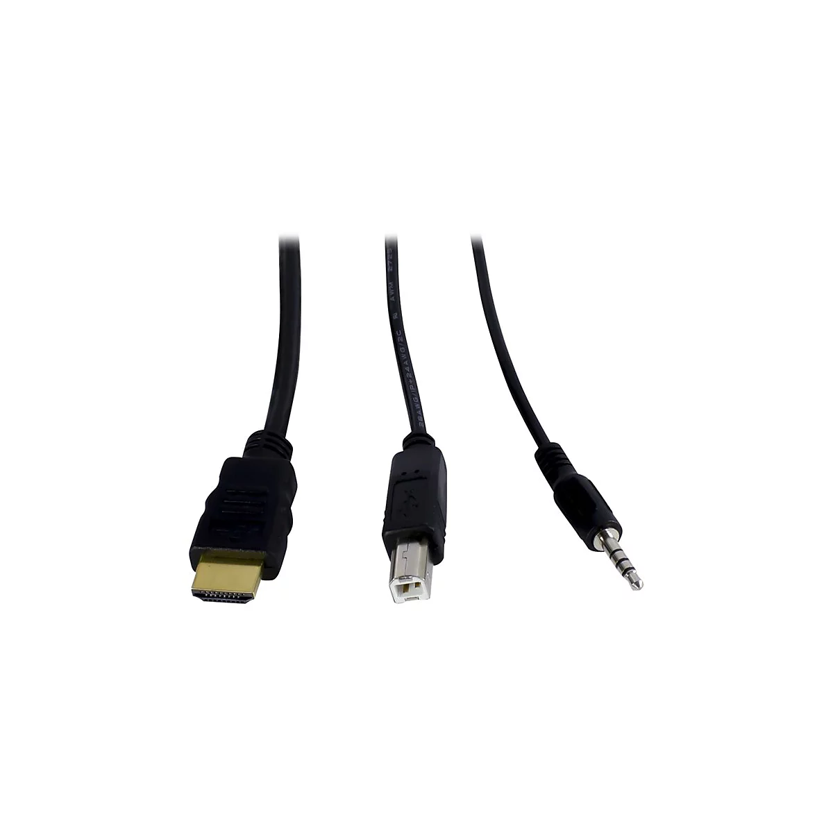 Drei schwarze Kabel mit unterschiedlichen AnschlÃ¼ssen: HDMI, USB und Klinke.
