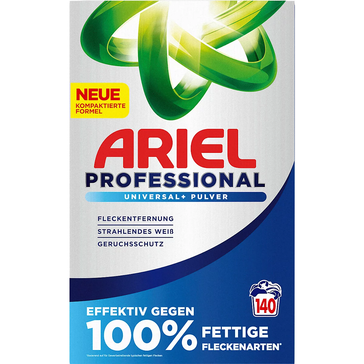 Ariel Professional Waschpulver Packung. Roter Ariel Schriftzug, darunter 'Professional Universal + Pulver'. Werbebotschaften.