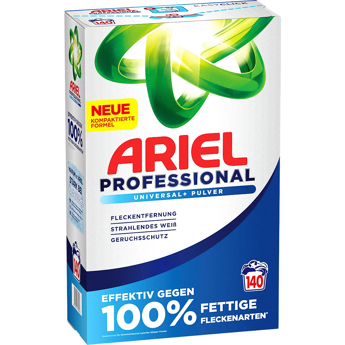 Weiße Ariel-Waschmittelpackung mit rotem Logo. Aufschrift: Professional Universal+ Pulver, gegen fettige Fleckenarten.