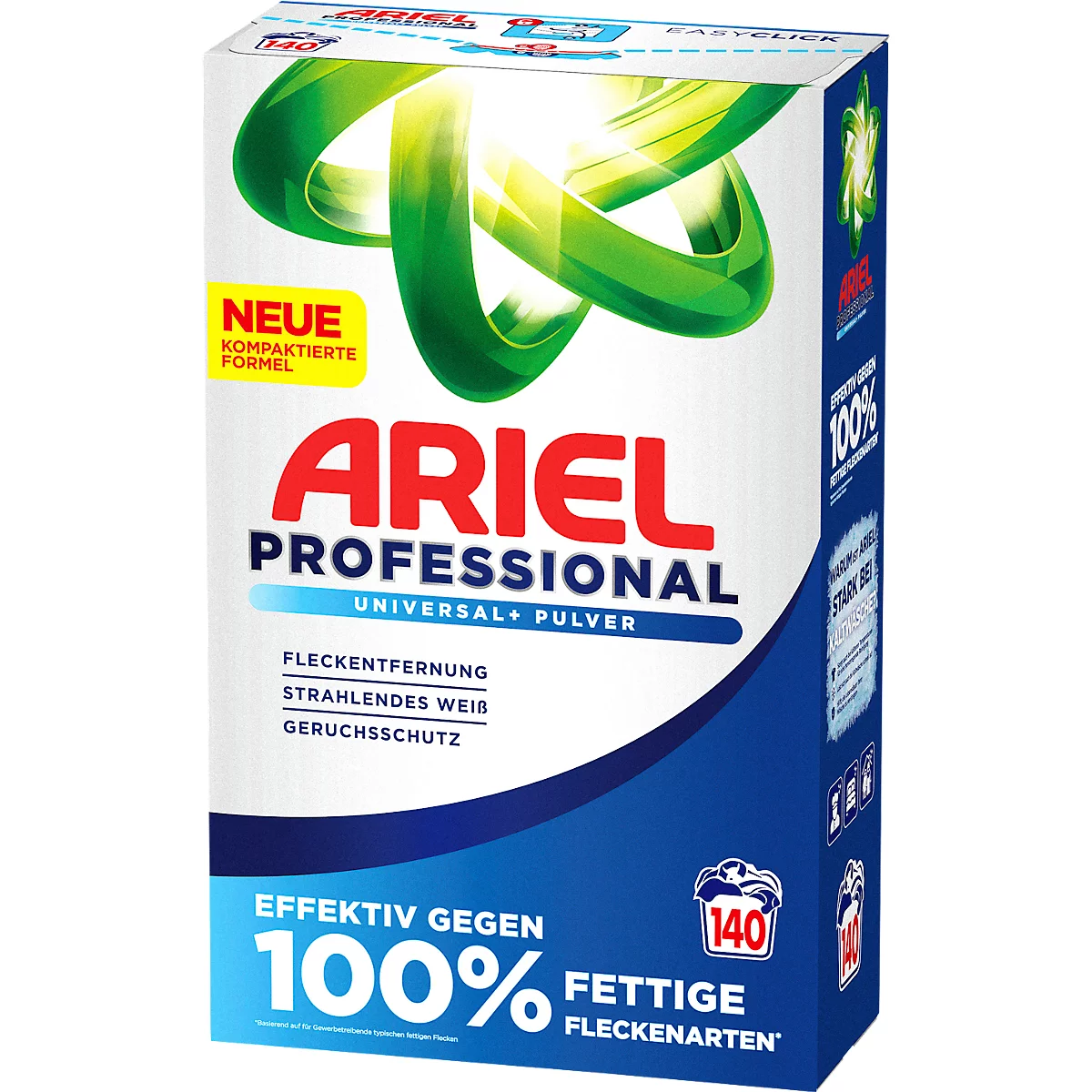 Weißes Ariel Professional Waschmittel-Paket mit rotem Schriftzug, blauem Hintergrund und Texten: NEUE, 100% gegen fettige Flecken.