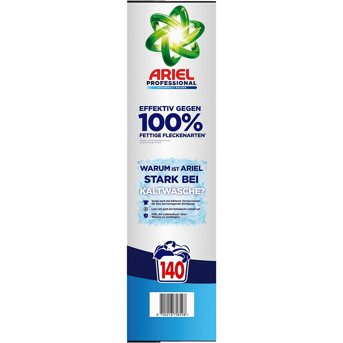 Aufdruck: Ariel Professional. Text: Effektive gegen 100% fettige Fleckenarten. Warum ist Ariel stark bei Kaltwäsche?. Abbildung: Waschmittelpackung.