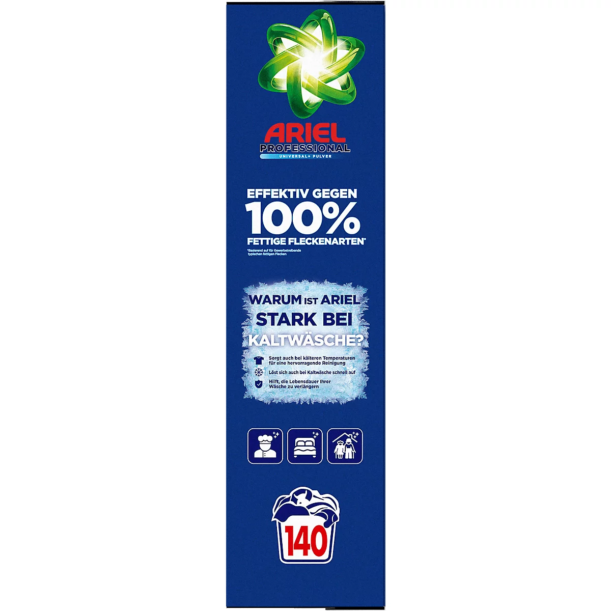 Blaues Produktbanner von Ariel. Oben links Stern mit grünem Logo. Darüber der Schriftzug Ariel. Darunter Informationen zur Reinigung.