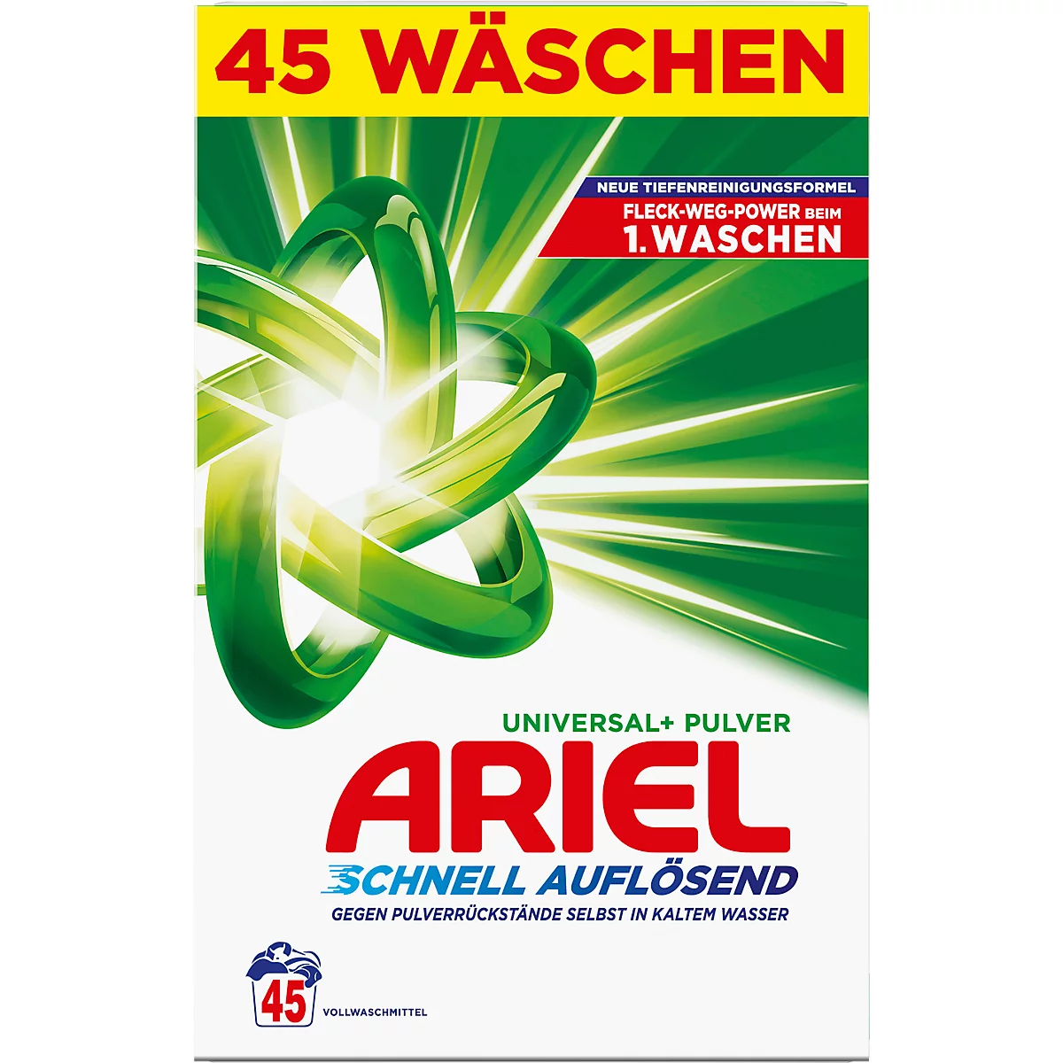 Ariel Waschmittel Packung mit der Aufschrift "45 Wäschen". Darunter ein grünes Logo und der Schriftzug Ariel. Der Schriftzug "Schnell auflösend" ist ebenfalls zu sehen.