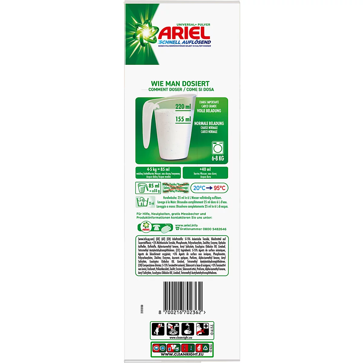 Rückseite einer Ariel Waschmittelverpackung mit Dosieranleitung. Text in Deutsch, Französisch und Italienisch, ein Messbecher und Temperaturangaben sind abgebildet.