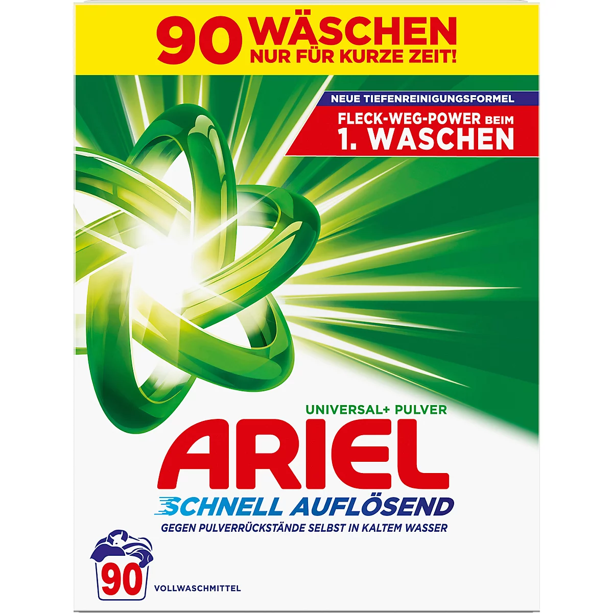 Ariel Waschmittelpackung mit grünen und gelben Elementen, Schriftzug: 90 Wäschen. Schnelle Auflösung gegen Pulverrückstände.