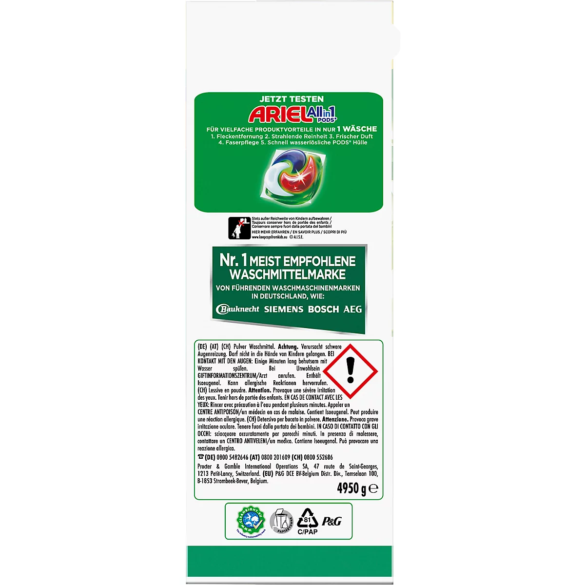 Verpackung mit Ariel All-in-1 Pods, grün-weisses Design, Text: "Nr. 1 meist empfohlene Waschmittelmarke".
