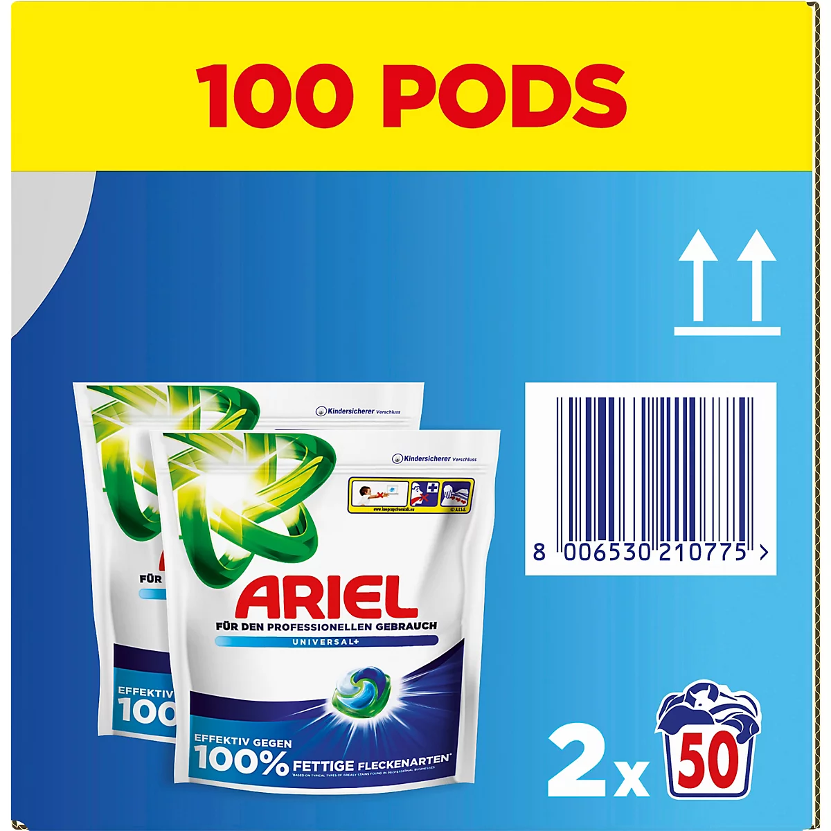 Ariel Waschmittel-Großpackung mit zwei Beuteln zu je 50 Pods, insgesamt 100 Pods auf blauem Grund.