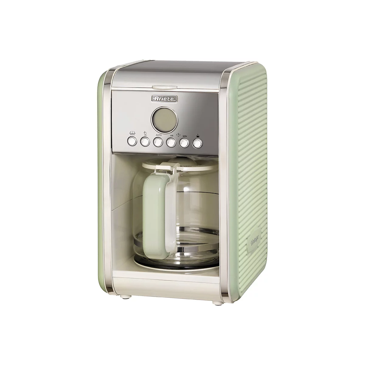 Pastellgrüne Ariete Kaffeemaschine im Retro-Design mit Glaskanne und silbernem Bedienfeld.