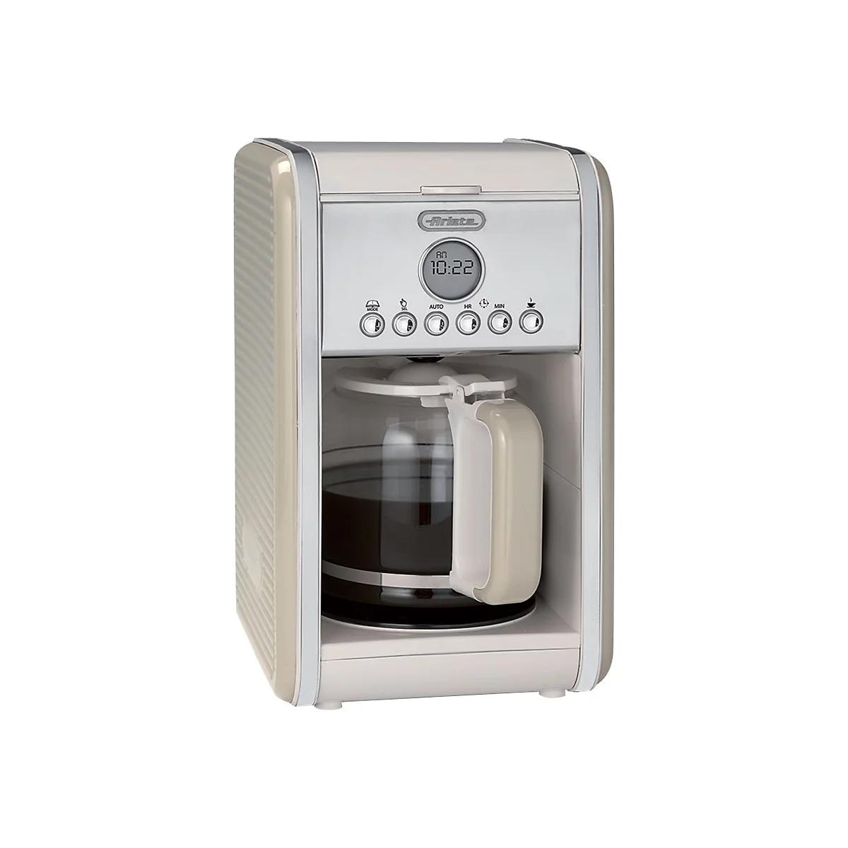 Beige Kaffeemaschine im Retro-Design mit digitaler Anzeige, Glaskanne und Bedientasten vor neutralem Hintergrund.