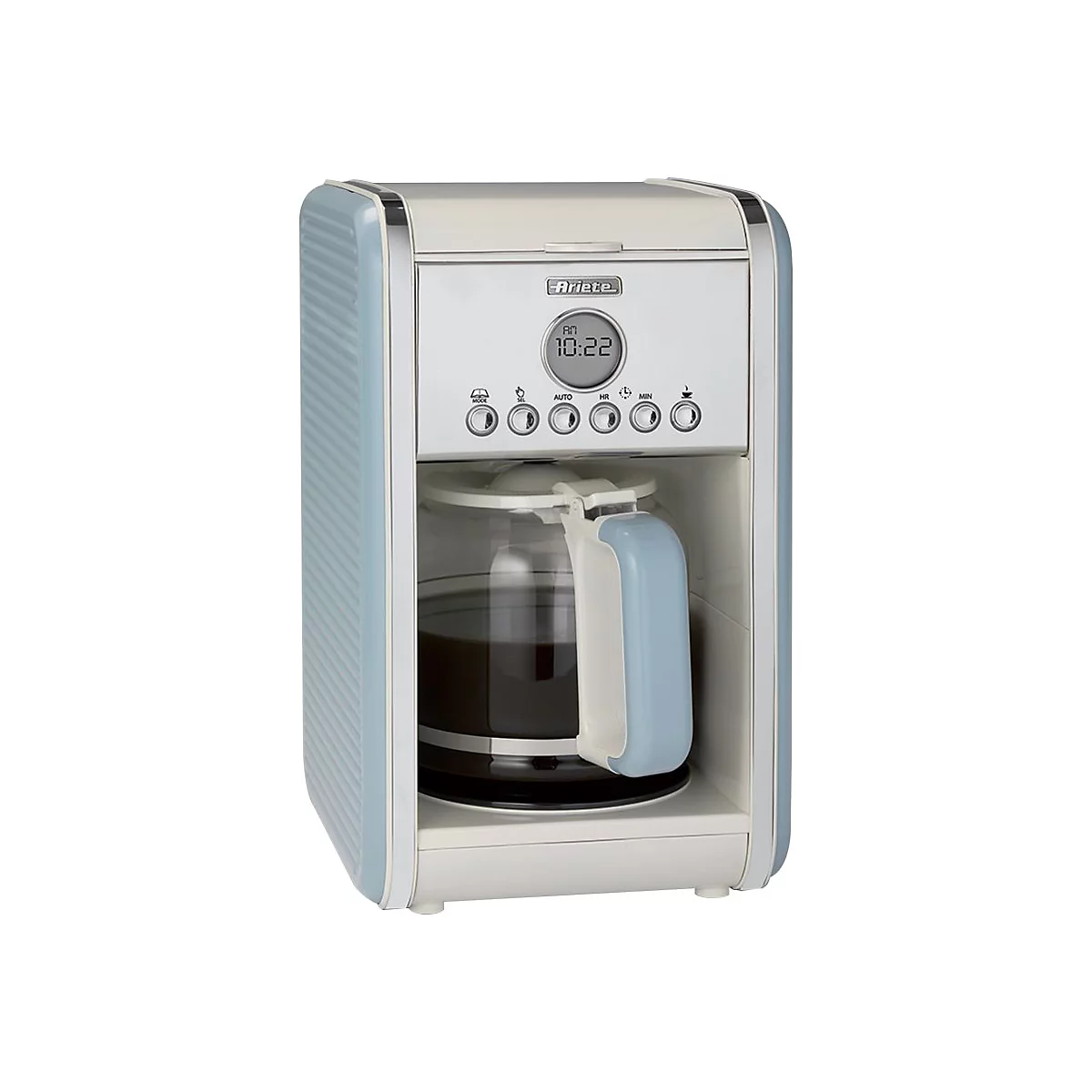 Hellblaue Retro-Kaffeemaschine von Ariete mit Digitalanzeige und Glaskanne auf weißem Hintergrund.