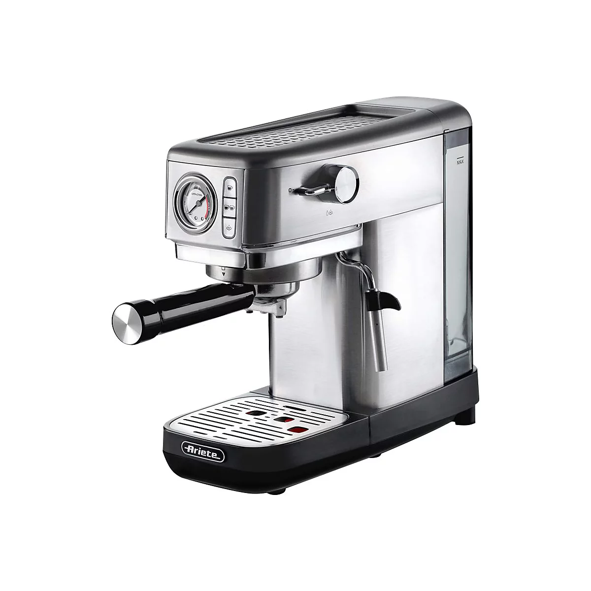 Ariete Espressomaschine aus Edelstahl mit schwarzem Griff, Druckanzeige und Tassenabstellfläche vor weißem Hintergrund.