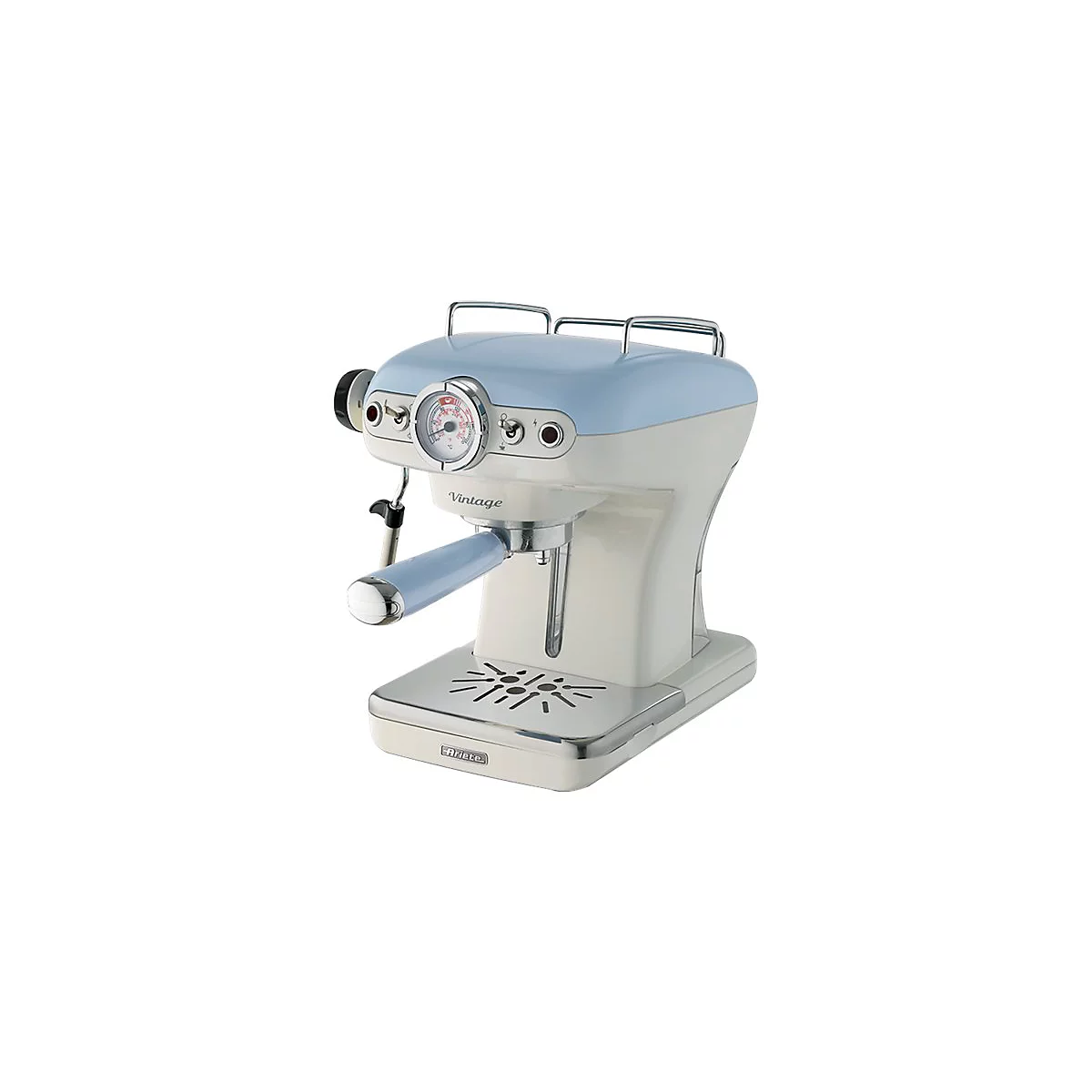 Hellblaue und cremefarbene Retro-Espressomaschine von Ariete vor weißem Hintergrund.