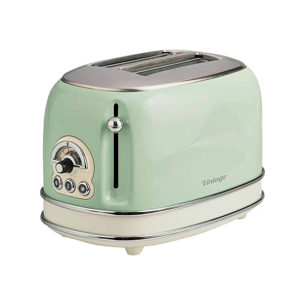 Pastellgrüner Vintage-Toaster im Retro-Design mit cremefarbener Basis und verchromten Akzenten.