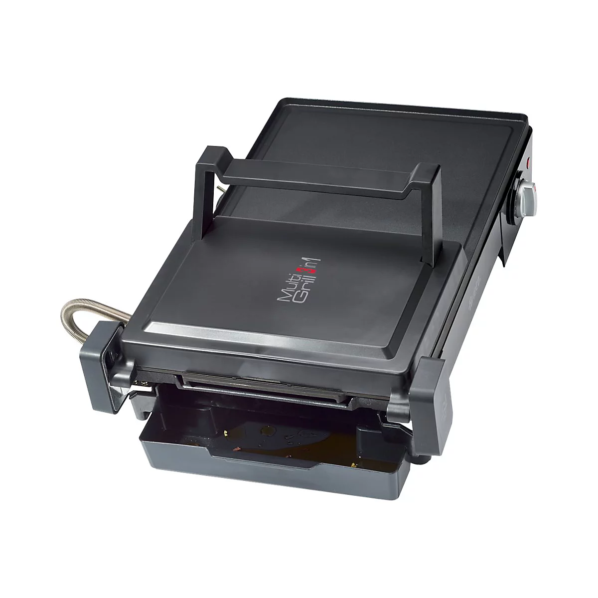 Schwarzer Multi-Grill 3in1 mit Auffangschale vor weißem Hintergrund.