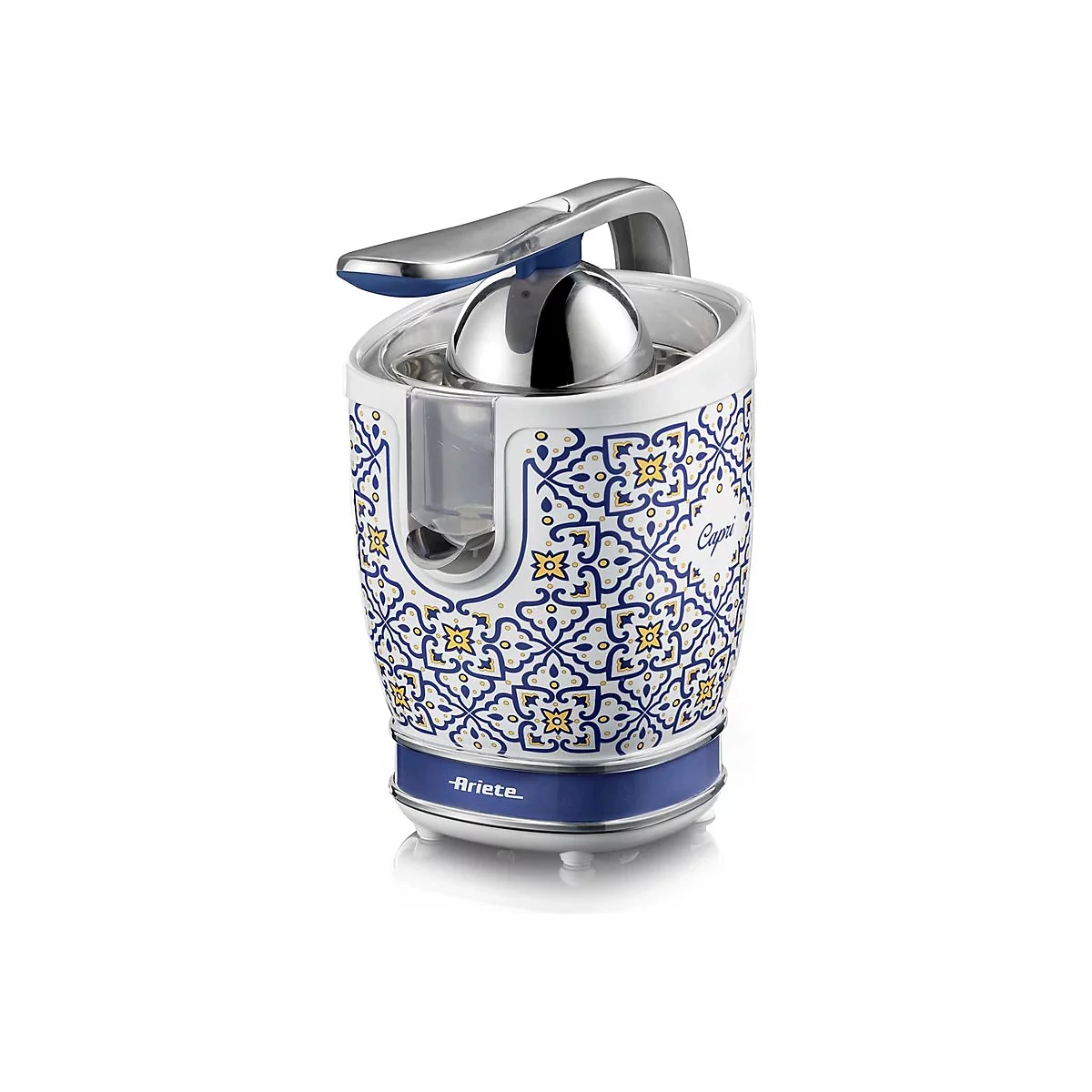 Elektrische Zitruspresse von Ariete im blau-weißen Capri-Design mit floralem Muster.