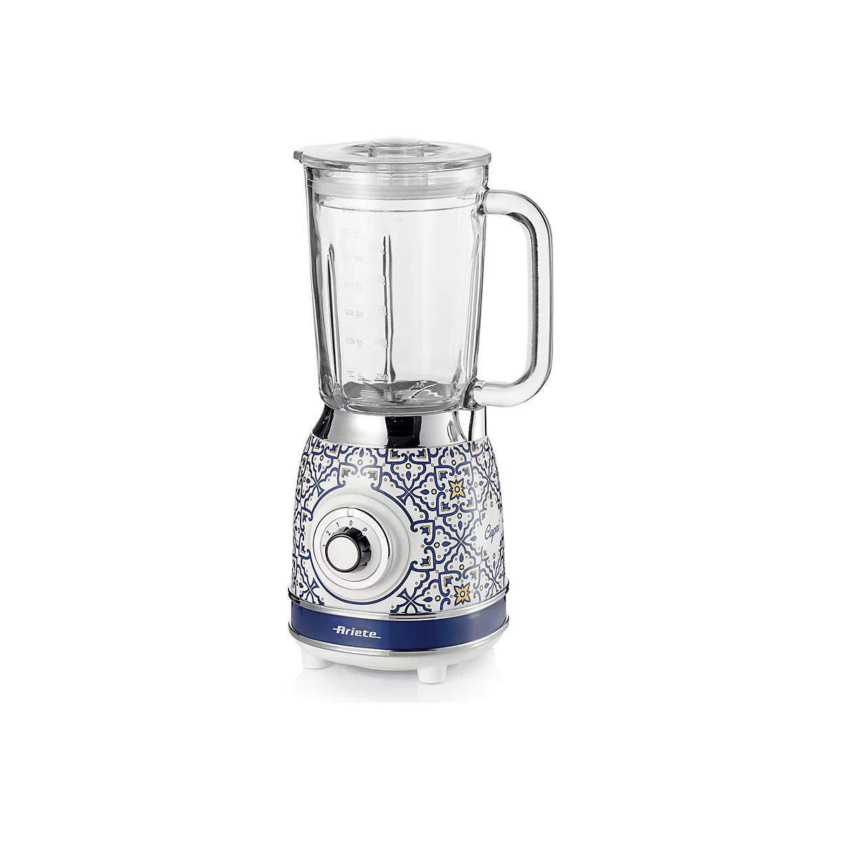 Ariete Standmixer im Vintage-Design mit blau-weißem mediterranem Fliesenmuster vor weißem Hintergrund.