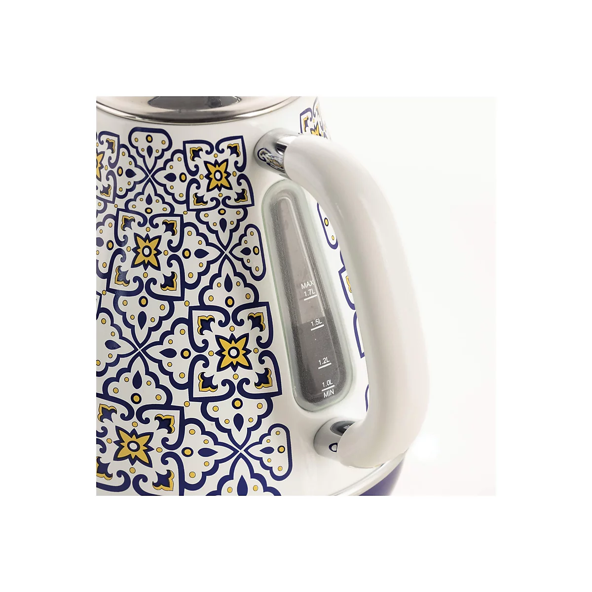 Detailansicht eines Wasserkochers mit blau-gelbem Ornamentmuster und Wasserstandsanzeige.