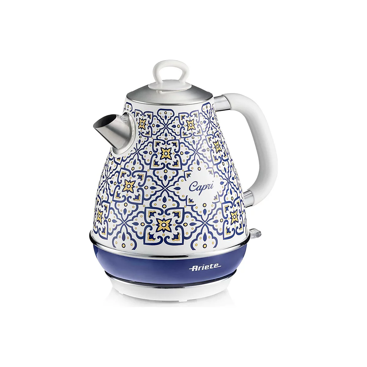 Ariete Wasserkocher mit blau-weißem Kachelmuster und Capri Schriftzug vor weißem Hintergrund.