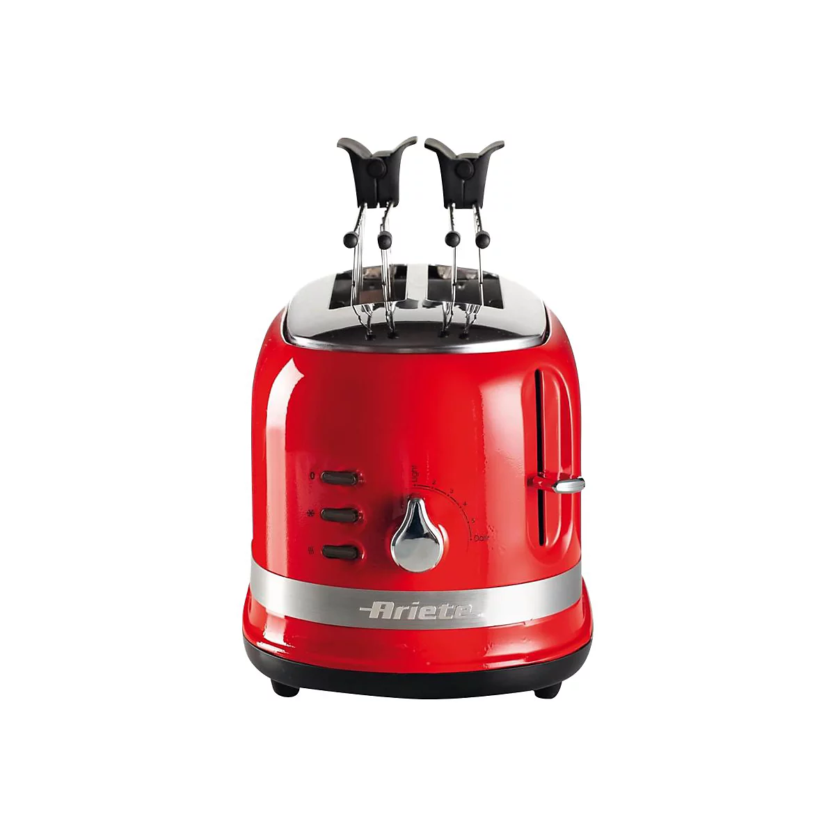 Roter Retro-Toaster von Ariete mit zwei Schlitzen und silbernen Akzenten vor weißem Hintergrund.