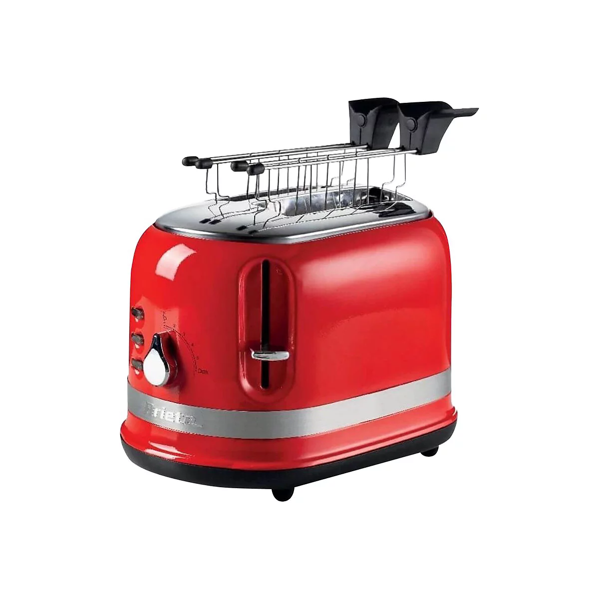 Roter Ariete Toaster mit ausklappbarem Sandwich-Aufsatz auf weißem Grund.