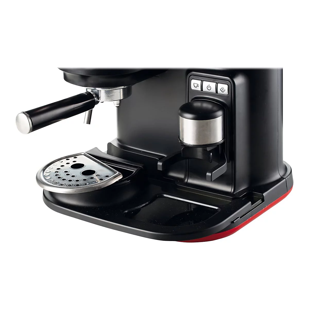 Nahaufnahme einer schwarzen Espressomaschine mit Siebträger, Tassenablage und integriertem Kaffeepulver-Stampfer.