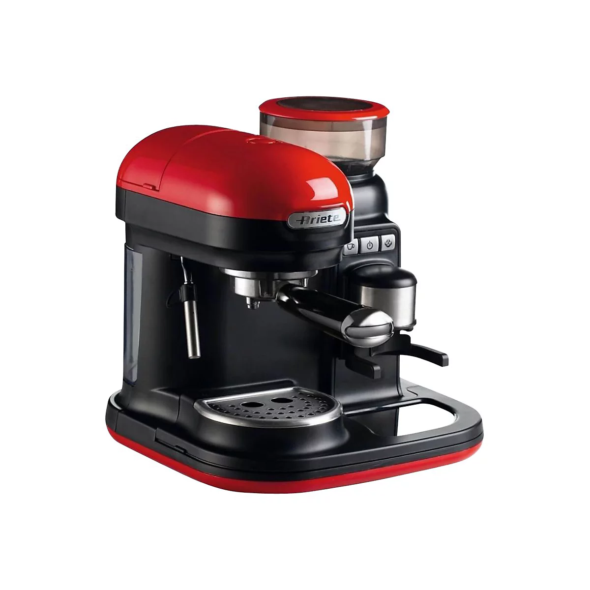 Ariete Espressomaschine in Schwarz und Rot mit integrierter Kaffeemühle auf weißem Hintergrund.