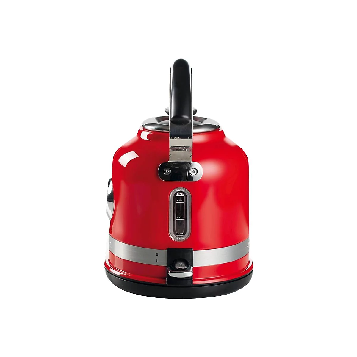Roter Wasserkocher im Retro-Design mit silbernem Zierstreifen, Füllstandsanzeige und schwarzem Griff.
